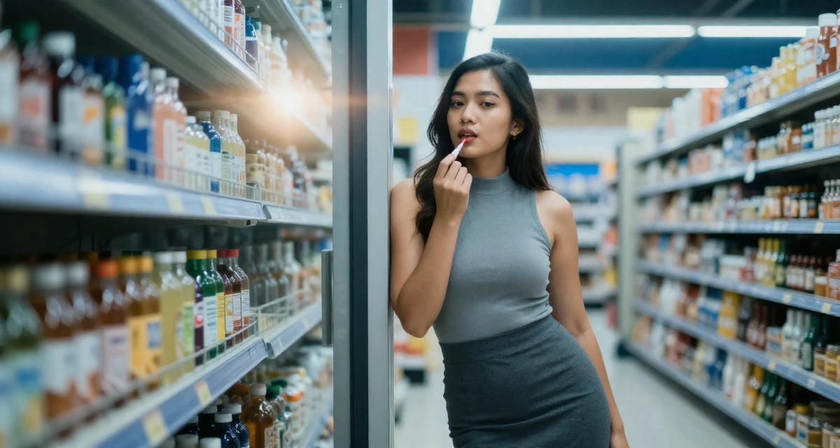 A ambitious Female From Indonesia, majored in visual communication in their 33, building a supportive online community, wearing a mock neck sleeveless top and a pencil skirt, applying lipstick in a supermarket aisle.