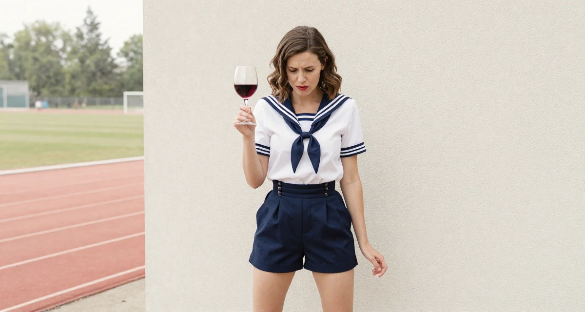A mysterious Female From France, studied fashion design in their 37, embracing the chaos of family life with humor, wearing a vintage pin-up sailor outfit with high-waisted shorts, shifting weight impatiently in a running track.