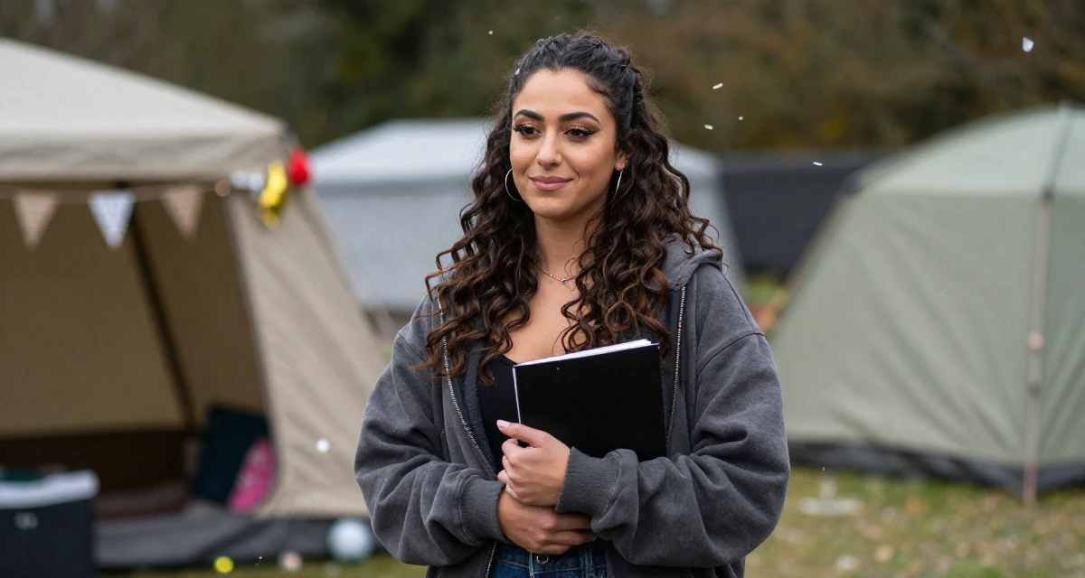 A satisfied Female From UK, trained in musical theatre in their 23, embracing sultry glam aesthetics as signature style, wearing a relaxed streetwear, holding a notebook in a camping site.