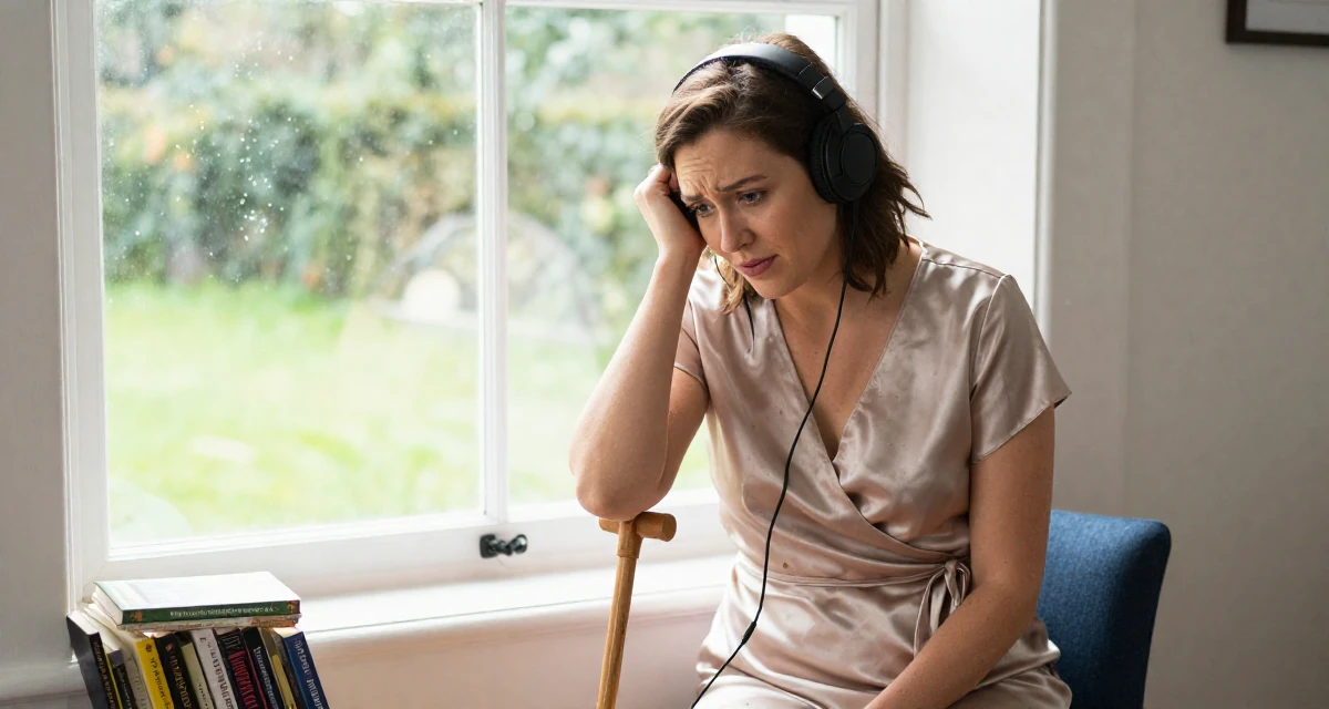 A warm Female From Scotland, studied game design in their 22, worrying about disappointing early supporters, wearing a satin wrap dress tied loosely at the waist, listening to music with headphones in a cozy reading nook by a window.