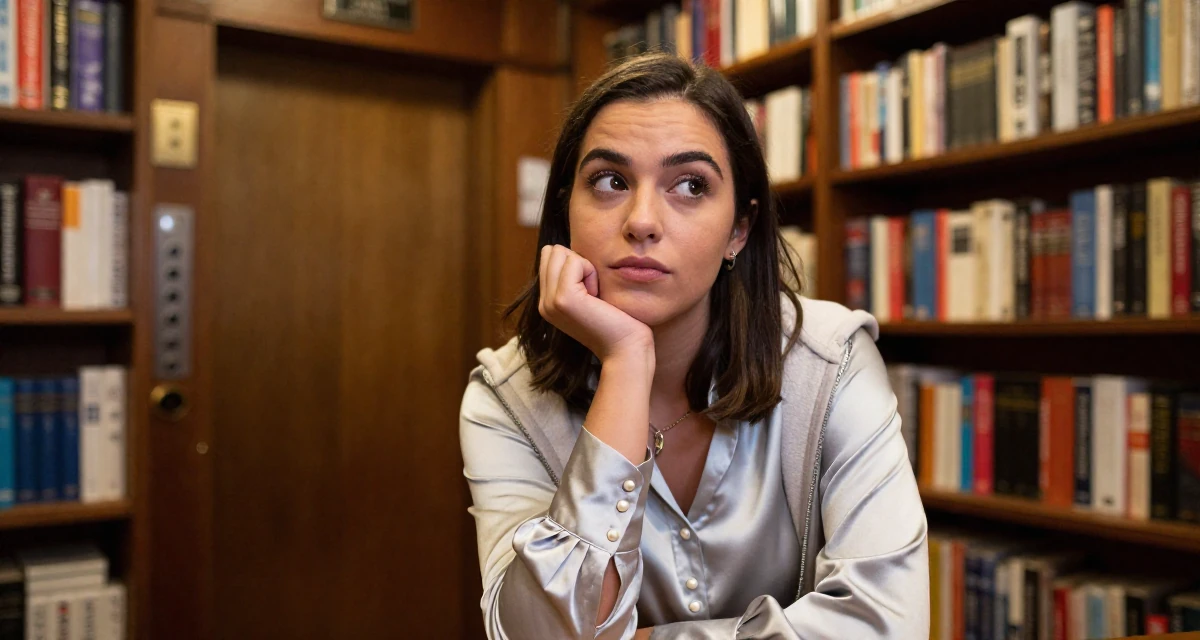 A curious Female From Australia, majored in finance at a private university in their 22, trying to grow without losing privacy or sanity, wearing a satin blouse with pearl buttons, zipping up a hoodie in a vintage bookstore.