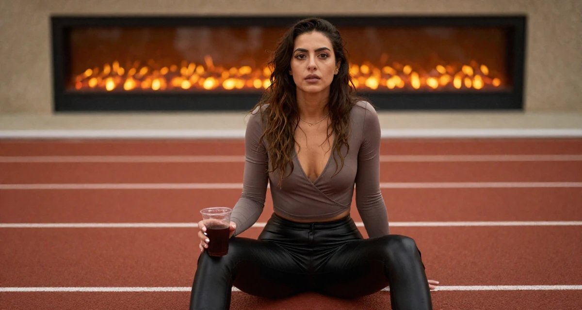 A fearless Female Former sales rep, now leveraging charisma for digital storytelling in their 22, determined to prove their worth quickly, wearing a wrap-front bodysuit and leather leggings, holding a cold drink in a running track.