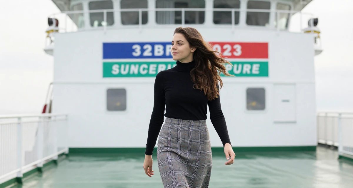 A tranquil Female From France, studied viticulture and oenology in their 23, dealing with fluctuating subscriber numbers, wearing a classic black turtleneck tucked into a plaid midi skirt, running fingers through hair in a ferry deck.