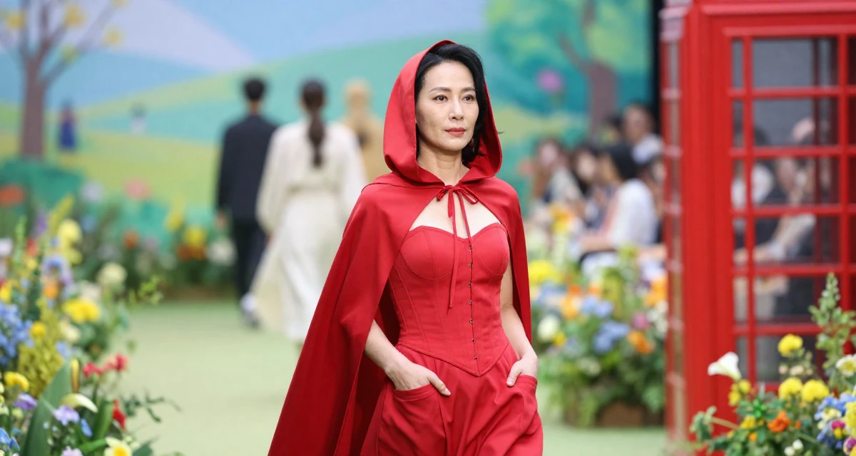 A thoughtful Female From Vietnam, based in Nha Trang, graduated from a media school majoring in soft-romantic content direction in their 50, established authority in a niche industry, wearing a red riding hood inspired cape and corset dress, looking for something in a pocket in a fashion runway.