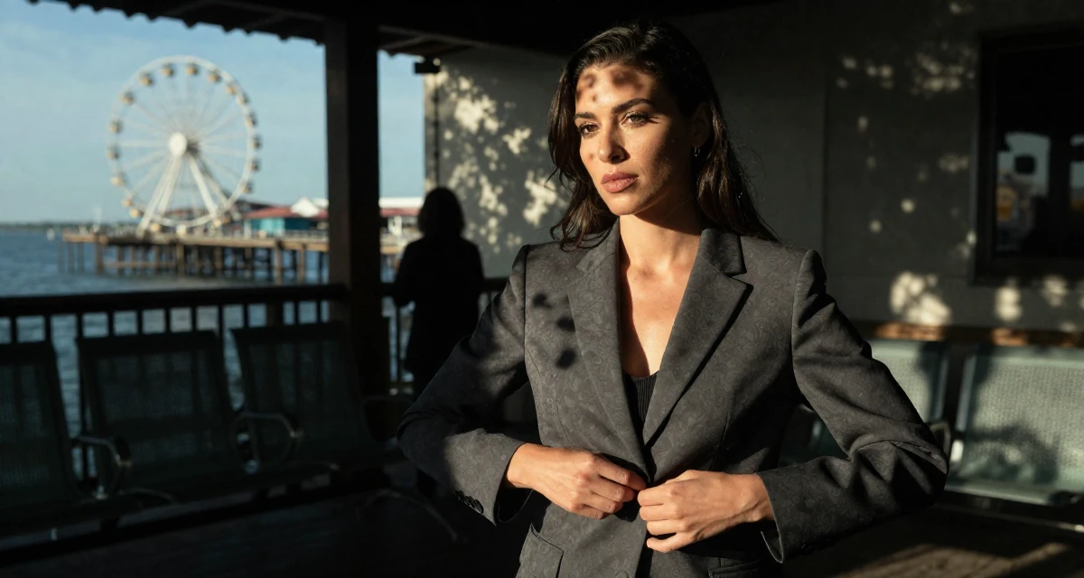 A calm Female From United States, studied health science in their 38, expert in vintage fashion and thrifting, wearing a sleek modern tailored look, buttoning a jacket in a waiting room.