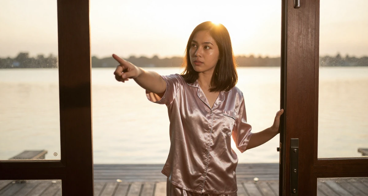 A observant Female From Johor Malaysia, studied early childhood education in their 26, learning that trends shift faster than energy can keep up, wearing a satin pajamas set with the top unbuttoned, pulling a door open in a lakeside dock.