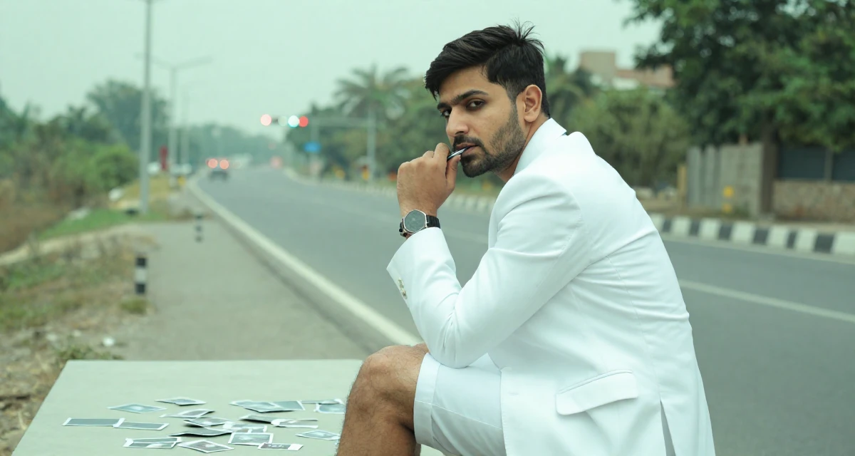 A gently serious male From Pakistan, majored in mass communication in their 25, adopting healthier routines for career growth, wearing a white blazer and matching white shorts, chewing on a pen thoughtlessly in a country road.