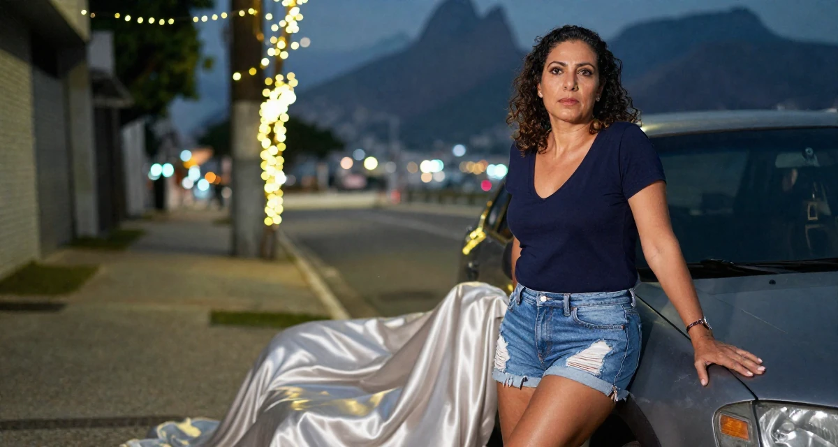 A intense Female From Brazil, based in Rio de Janeiro, graduated from an arts academy majoring in performance aesthetics in their 40, inspiring others to chase dreams at any age, wearing a deep v-neck t-shirt and distressed denim shorts, crossing legs in a city sidewalk.