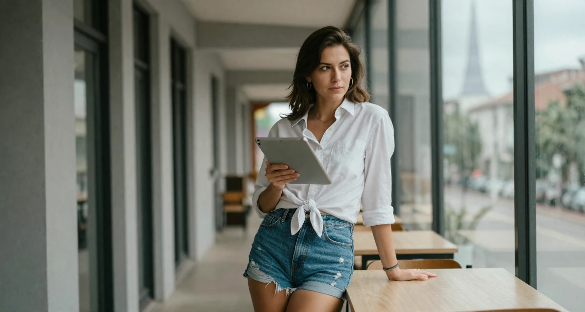 A determined Female Former library assistant, now creating cozy reading-corner aesthetics in their 22, dating casually to avoid serious commitment, wearing a button-down shirt tied at the waist and denim cutoffs, holding a tablet device in a narrow hallway.