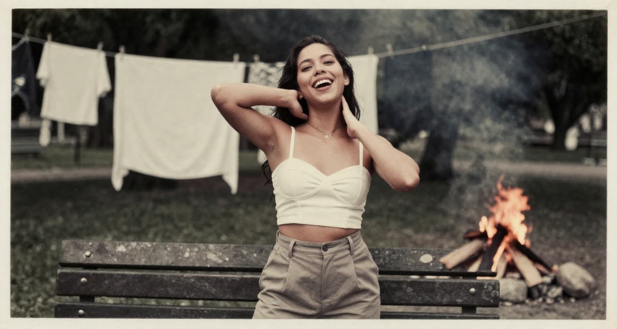 A ecstatic Female From Mexico, majored in global trade in their 26, dealing with younger competition while finding identity, wearing a cropped bustier top and high-waisted slacks, massaging the neck in a park bench.