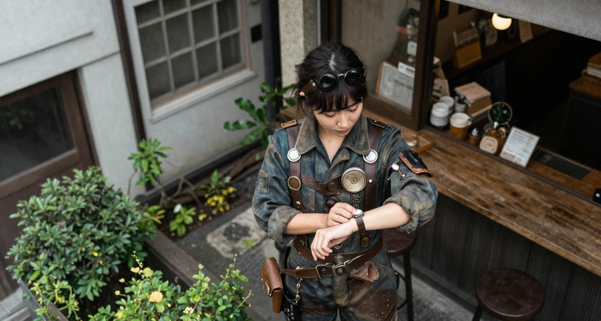 A contented Female From Tokyo Japan, majored in literature in their 22, feeling the imposter syndrome in a first serious job, wearing a steampunk mechanic jumpsuit with grease stains, glancing at a wristwatch in a garden patio.