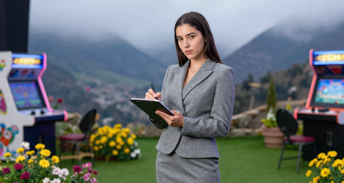A cold and distant Female From Chile, based in Santiago, graduated from a communication college majoring in aesthetic storytelling in their 21, seeking deeper connections beyond small talk, wearing a grey wool skirt suit with a fitted jacket, sketching on a pad in a arcade room with neon lights.