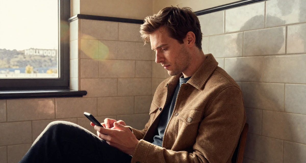 A contemplative male From Denmark, based in Aarhus, graduated from a media institute majoring in branding in their 40, redefining style for the modern professional, wearing a warm winter layered look, typing a message in a quiet library corner.