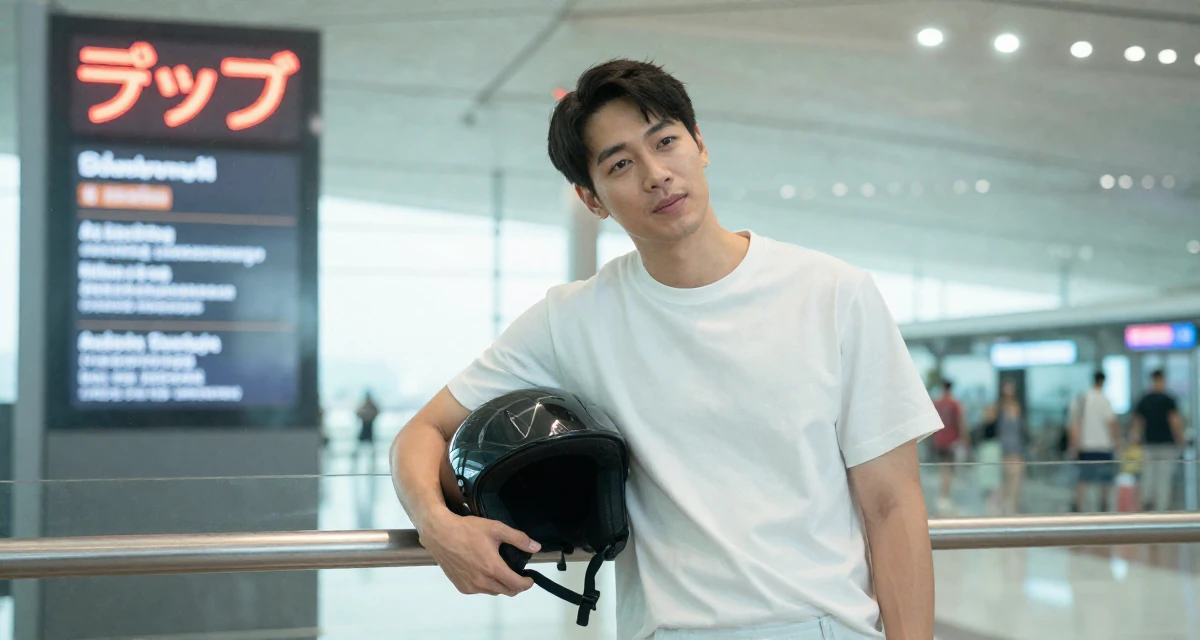 A fearless male From Thailand, based in Phuket, graduated from a media academy majoring in tropical glamour production in their 31, finding joy in small daily rituals, wearing a minimalist everyday clothing, holding a helmet in a airport terminal.