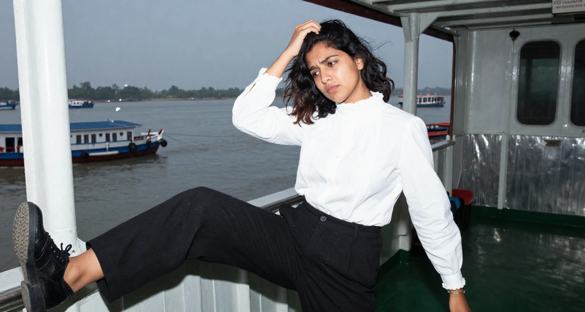 A absent-minded Female Raised in Bangladesh, studied consumer insights in their 23, tired of the hookup culture and dating apps, wearing a high-neck victorian style blouse and black slacks, kicking up dust playfully in a ferry deck.