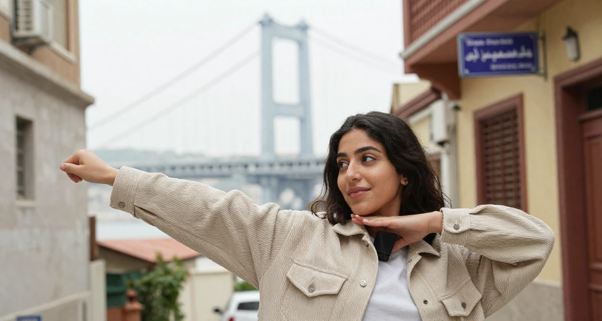 A innocent Female From Egypt, majored in archaeology in their 20, buzzing with naive optimism and caffeine energy, wearing a soft texture corduroy jacket, stretching arms after waking in a quaint European street.