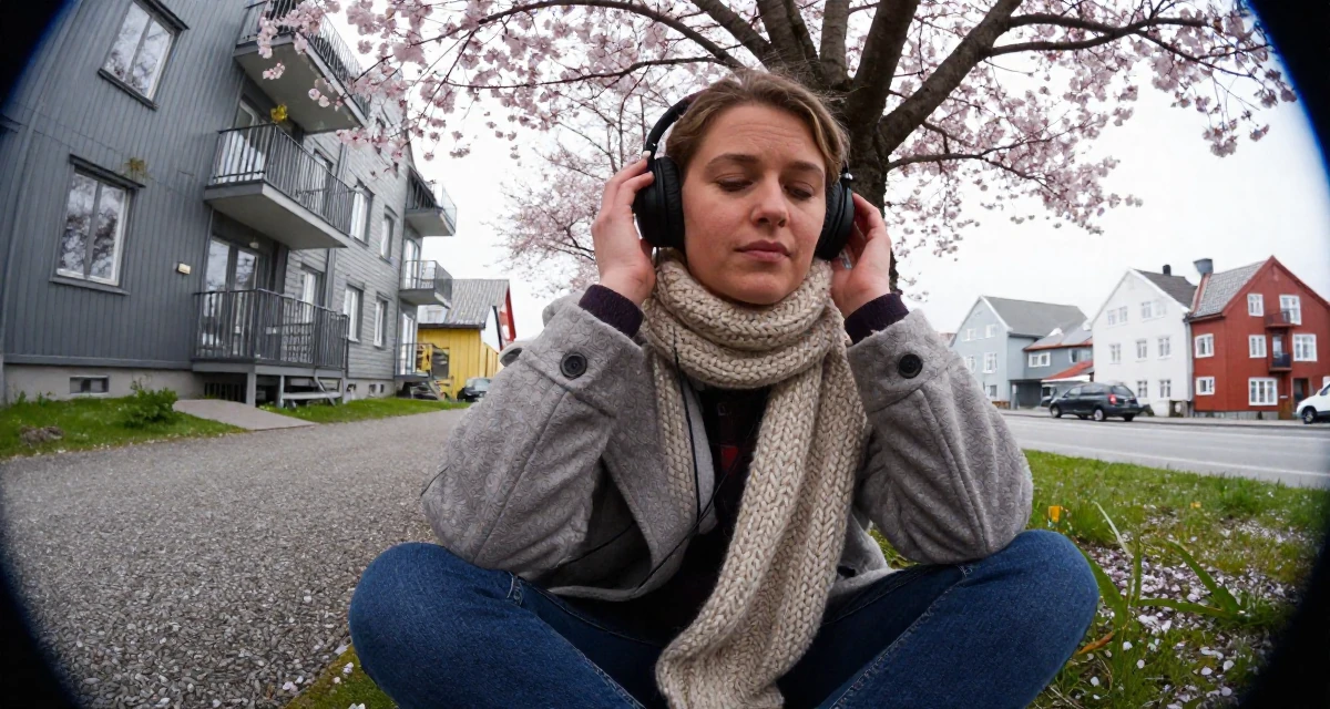 A zen-like Female From Norway, based in Stavanger, graduated from a cultural college majoring in mood-centered photography in their 30, accepting that ambition doesn’t erase exhaustion, wearing a heavy knit scarf and coat, listening to music with headphones in a modern apartment.
