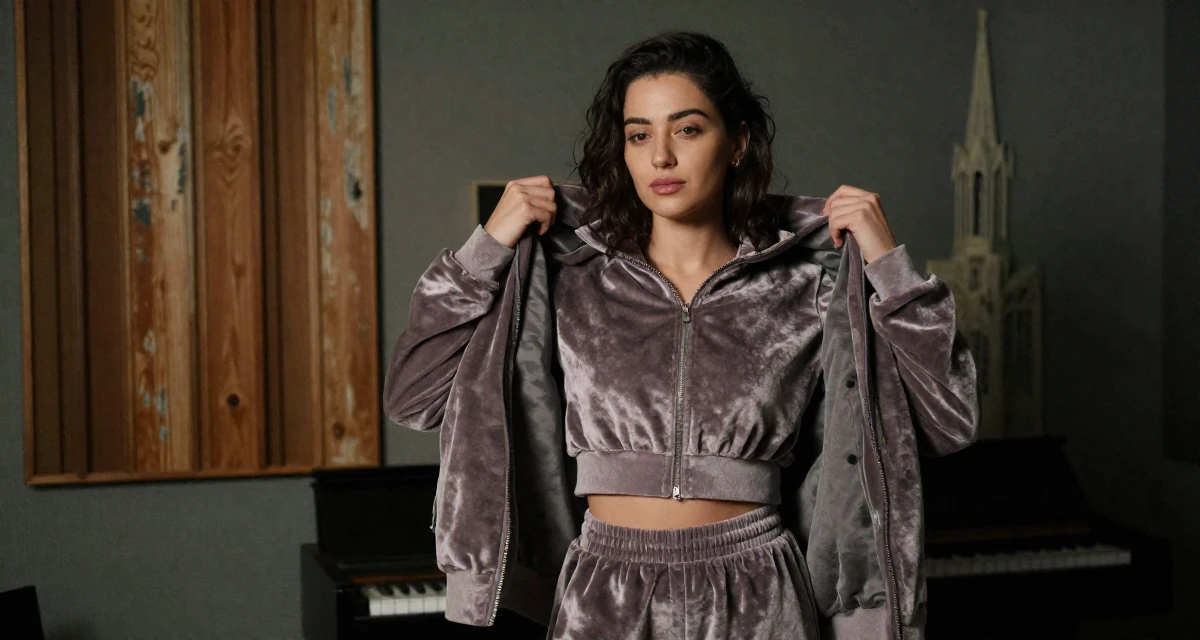 A calm Female From Ankara Türkiye, practiced intimate photography aesthetics in their 24, analyzing long-term compatibility in dating, wearing a velour tracksuit with a cropped zip-up hoodie, hugging a pillow or cushion in a music studio.