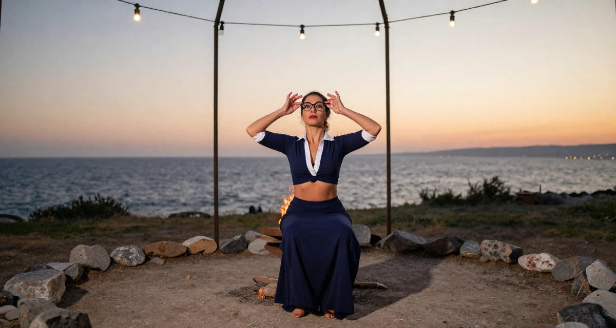 A alert and attentive Female From Istanbul Türkiye, learned belly dance and expressive movement in their 25, balancing hard work with luxury self-care, wearing a navy blue dress with white collar and cuffs, pushing glasses up the nose in a campfire circle.