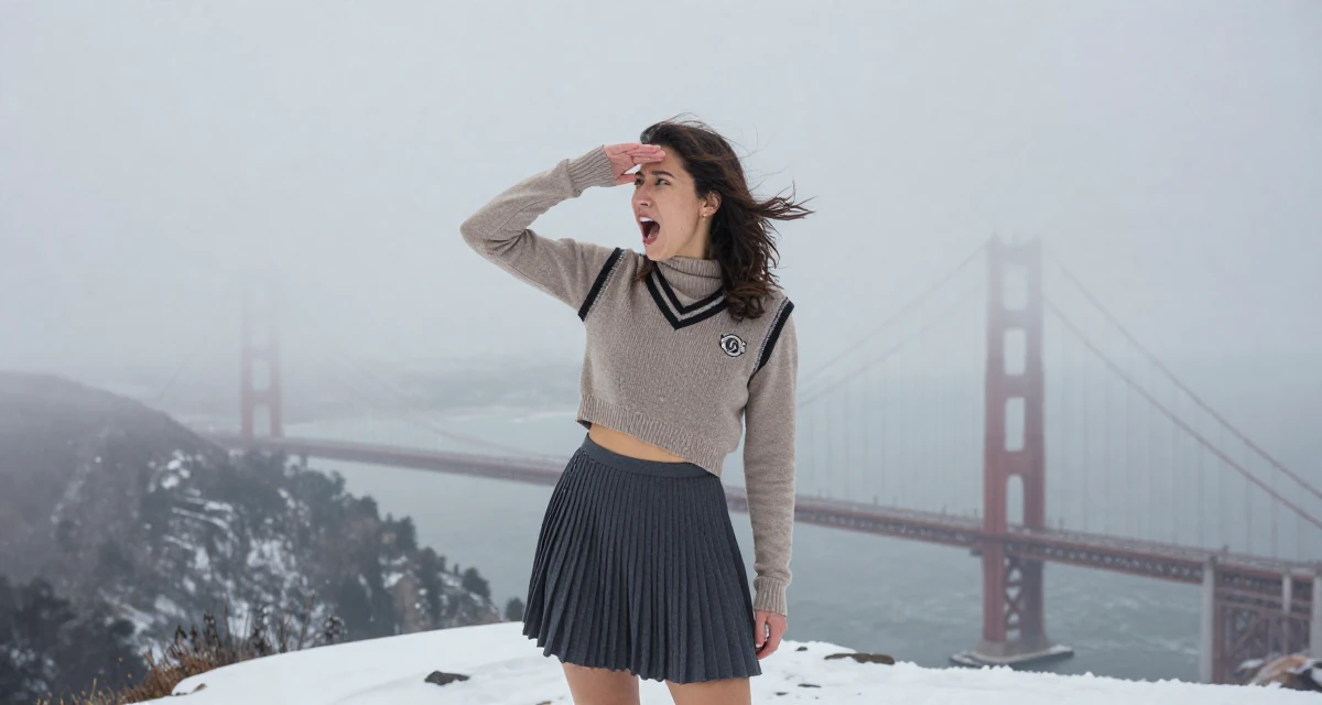 A wild Female From Houston USA, majored in psychology in their 48, finding purpose beyond motherhood, wearing a cropped sweater vest and a pleated mini skirt, shielding face from the wind in a snowy mountain peak.