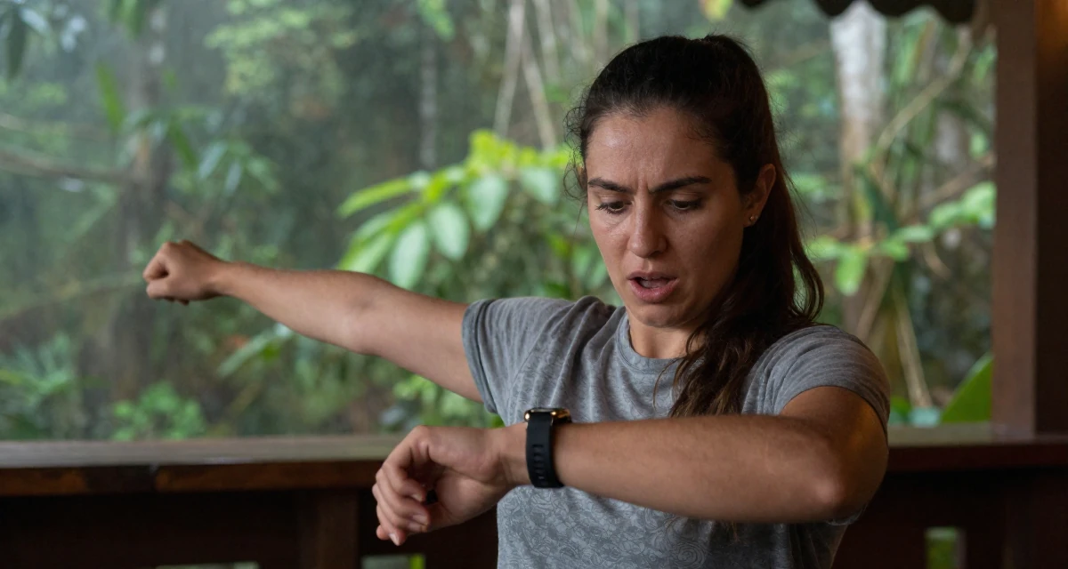 A eager Female From Costa Rica, studied environmental engineering in their 24, taking care of their physical health consistently, wearing a relaxed streetwear, checking a wristwatch in a dimly lit jazz bar.