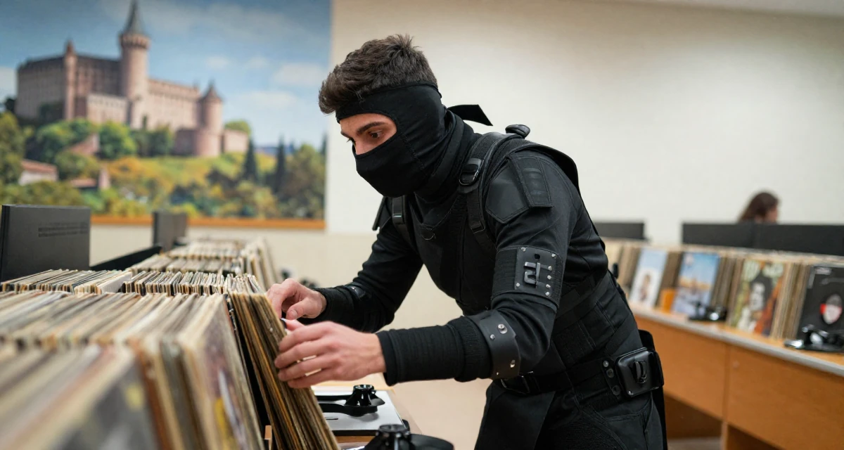 A wild male From Spain, majored in cultural management in their 22, adjusting to the 9-to-5 routine after college, wearing a tech-wear ninja outfit with a face mask, shivering slightly in a lecture hall.