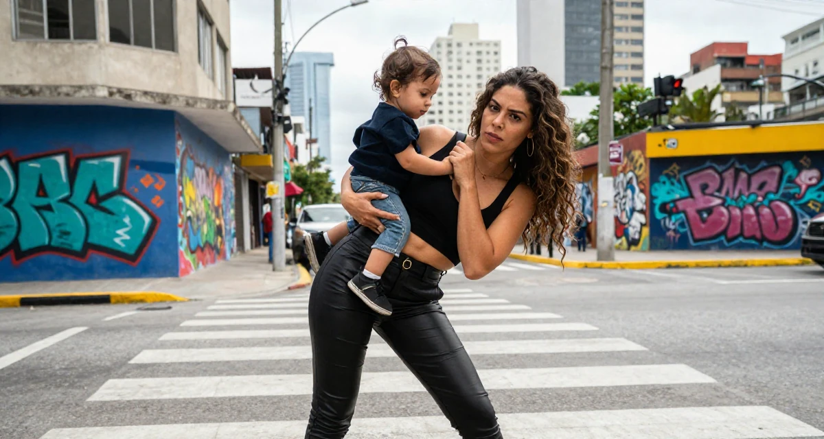 A mysterious Female From Honduras, majored in creative writing in their 35, raising a toddler while building a business, wearing a sleek leather pants styling, adjusting a shoulder strap in a busy crosswalk.