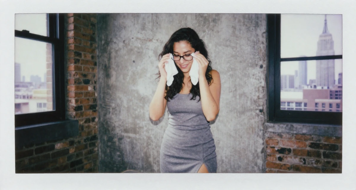 A quietly happy Female From Mexico, majored in global trade in their 20, feeling overwhelmed by academic pressure and expectations, wearing a fitted knit dress with a side slit, cleaning glasses with a cloth in a loft apartment with brick walls.