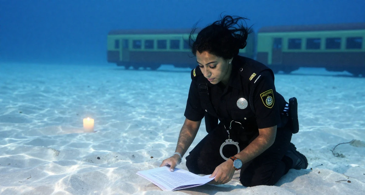 A captivating Female From Morocco, majored in web development in their 49, creating content about cultural heritage, wearing a police officer uniform with a badge and handcuffs, turning a page in a tropical white sand beach.