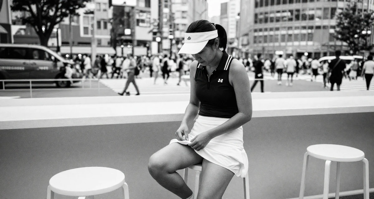 A relaxed Female Once a sewing hobbyist, now designing outfits for her shoots in their 24, facing pressure to reinvent the brand constantly, wearing a tennis player outfit with a visor and white skirt, fixing the hem of a skirt in a urban street.
