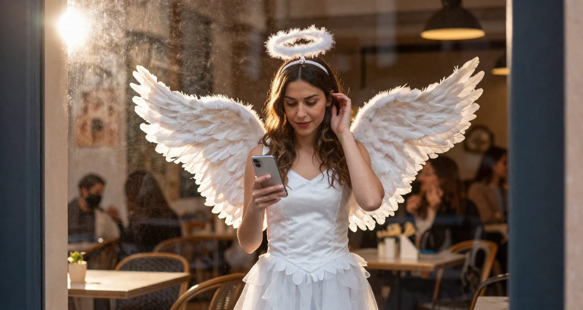 A charming Female From Italy, based in Bologna, graduated from a local university majoring in media production in their 55, exploring digital entrepreneurship, wearing a angel costume with large feathered wings and a halo, tucking hair behind an ear in a cozy café.