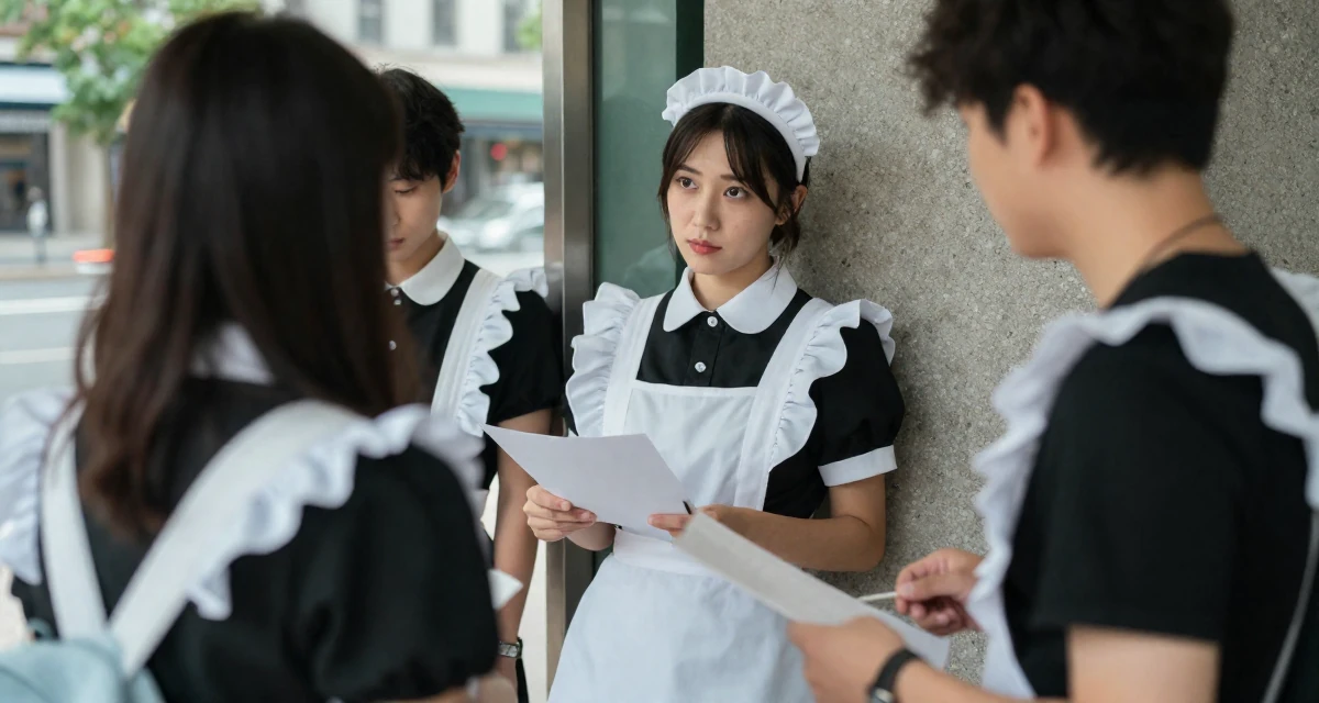 A quietly confident Female From New York USA, studied film and television in their 45, mentoring younger colleagues, wearing a maid outfit with a white apron and ruffled headband, holding a piece of paper in a bus stop.