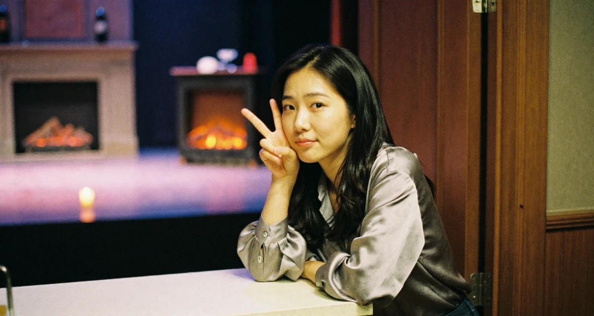 A relaxed and observant Female From Seoul South Korea, studied international relations in their 25, making peace with early awkward content, wearing a silk blouse with oversized cuffs, leaning against a door in a theater stage.