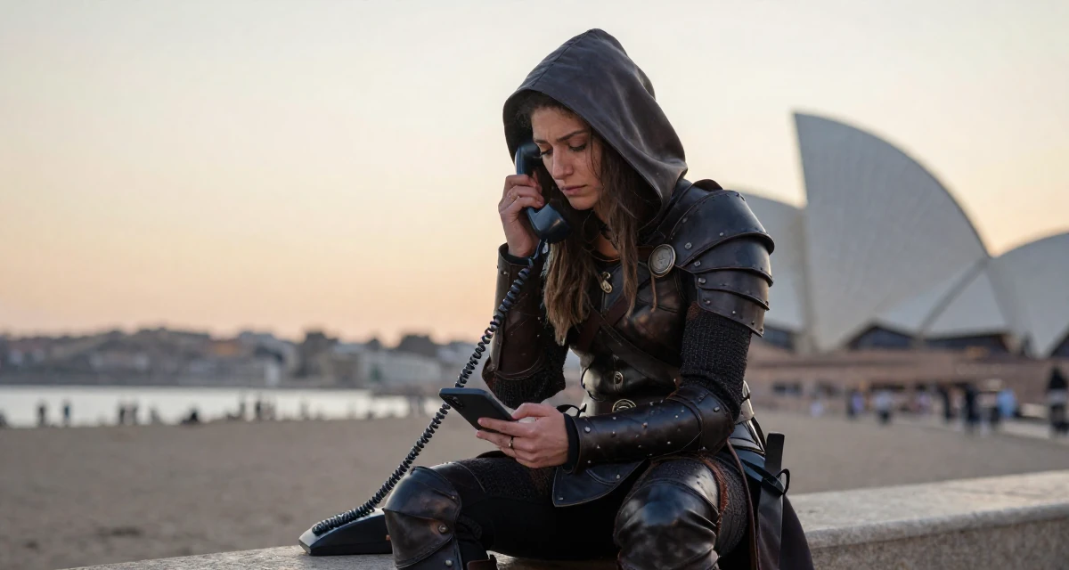 A sorrowful Female From Madrid Spain, studied sensual dance and camera presence in their 22, dating casually to avoid serious commitment, wearing a fantasy rogue leather armor with a hood, typing a message in a sunset beach.