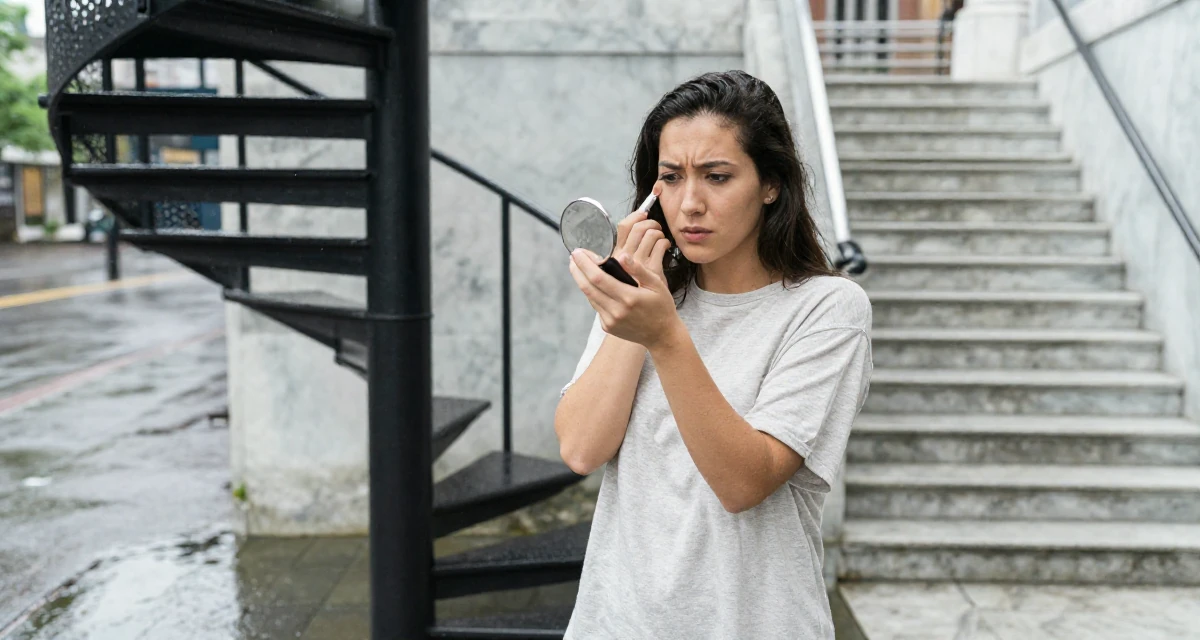 A stressed Female From the United States, based in Seattle, graduated from a community college majoring in digital marketing in their 22, balancing personal dating life with creator identity, wearing a soft organic cotton clothing, checking makeup in a compact mirror in a bus stop in the rain.