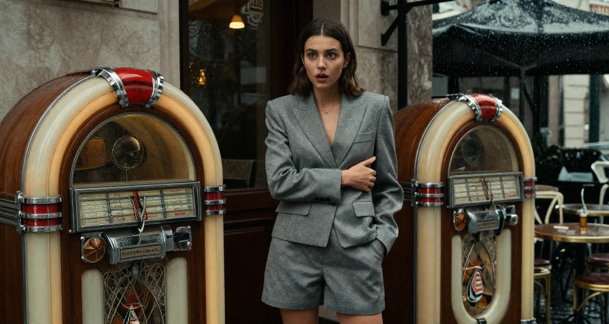 A surprised Female From Greece, studied classical studies and history in their 22, learning to advocate for personal boundaries, wearing a tailored shorts suit with a matching jacket, sliding a hand into a pocket in a luxury spa room.