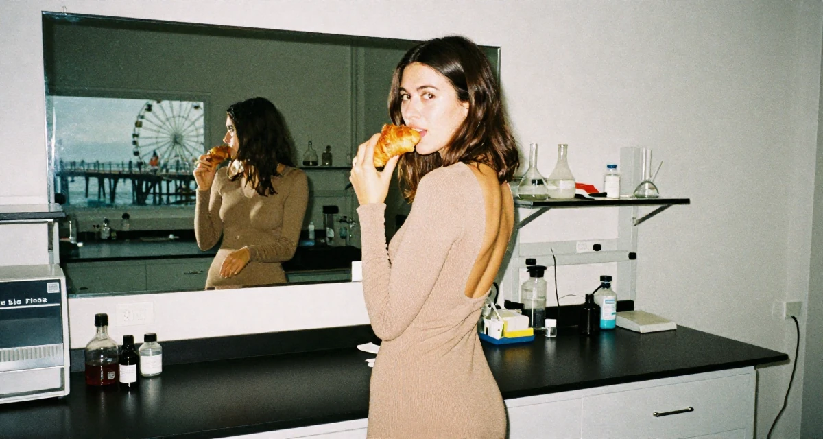 A mischievous Female Former Uber driver, now building slow-burn lifestyle storytelling in their 21, drifting between different friend groups, wearing a tight knit midi dress with long sleeves, eating a croissant in a science lab.