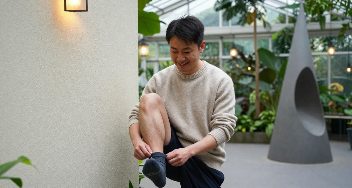 A charming male From Shanghai China, grew up studying dance and digital arts in their 32, building a personal brand on LinkedIn, wearing a soft cashmere sweater look, pulling up a sock in a botanical greenhouse.