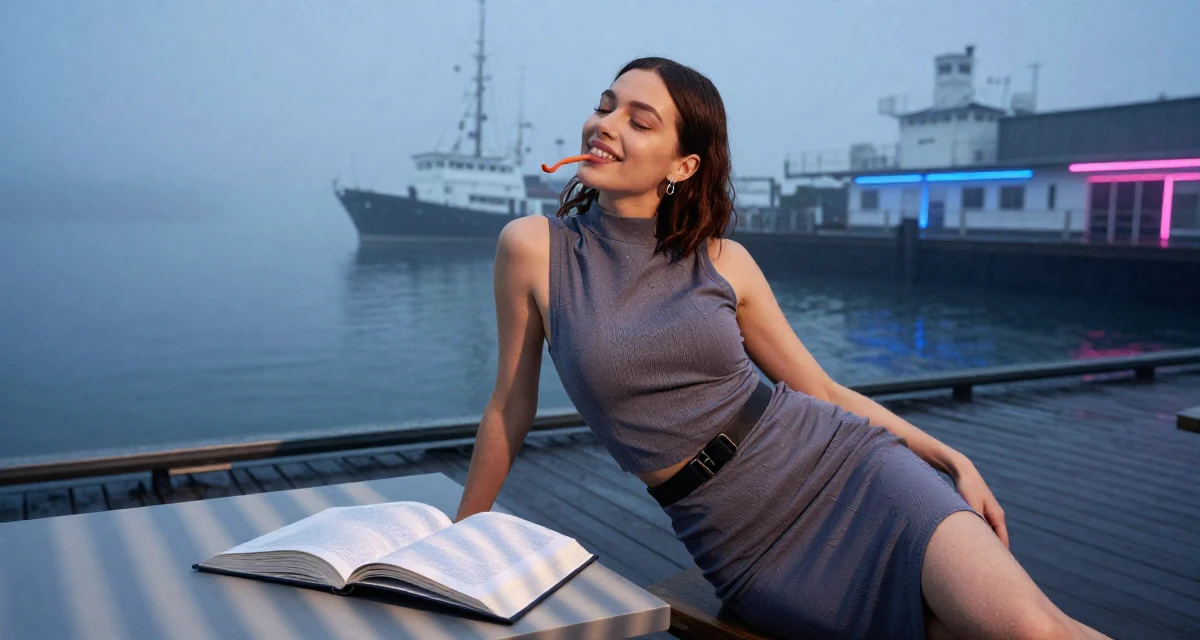 A hopeful Female Raised in Poland, majored in entrepreneurship studies in their 20, chasing creative dreams despite parental skepticism, wearing a mock neck sleeveless top and a pencil skirt, biting a lip thoughtfully in a foggy harbor.