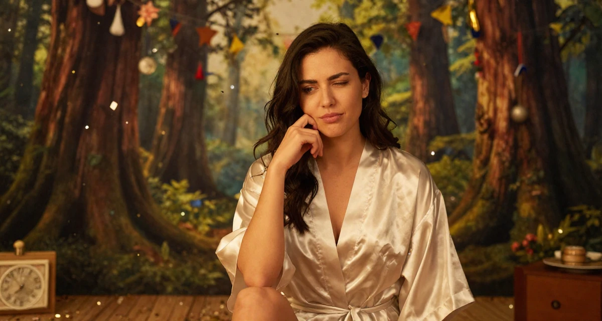 A thoughtfully silent Female Former swim team athlete, now building a fitness-focused fanbase in their 25, questioning long-term direction, wearing a short silk robe tied loosely, winking playfully in a magical forest clearing.