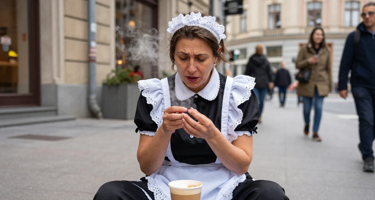 A vibrant and alive Female From Sweden, majored in industrial engineering in their 47, navigating the challenges of the sandwich generation, wearing a french maid costume with black silk and white lace, inspecting fingernails in a bustling city street.