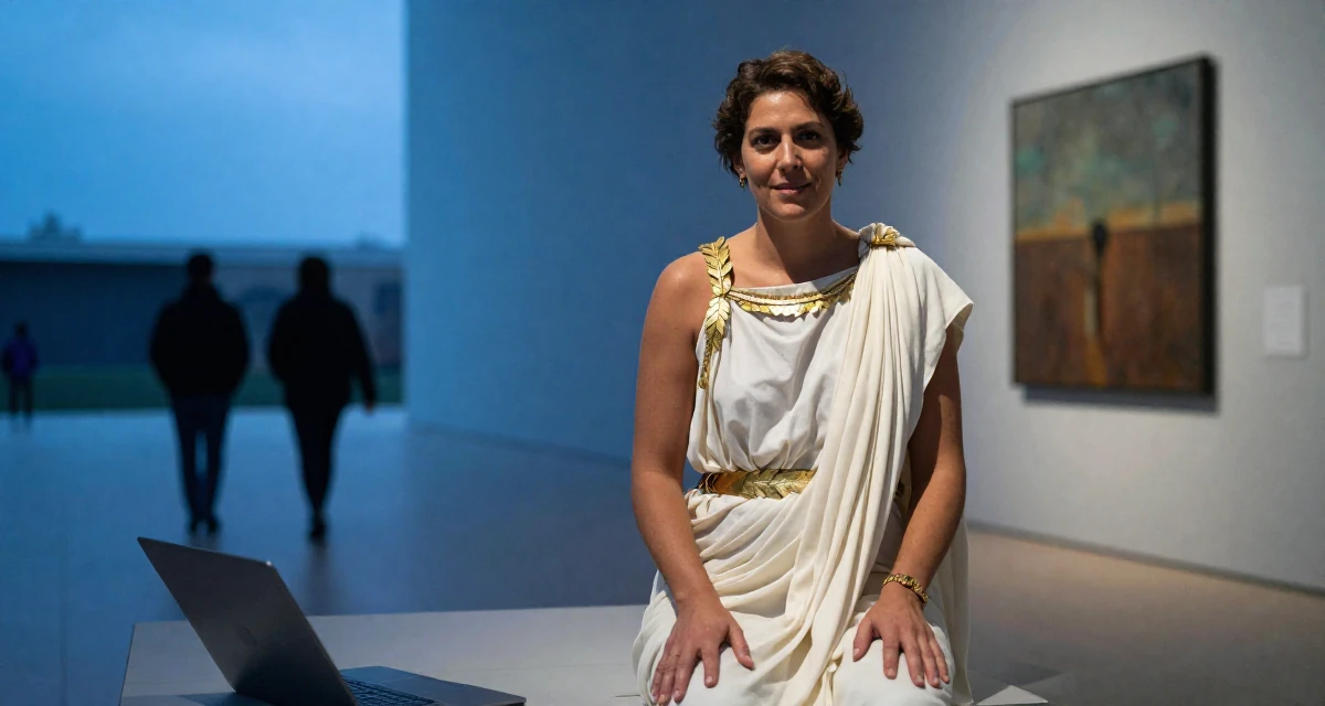 A positive Female From USA, studied anthropology and folklore in their 30, carrying the weight of years of hustling online, wearing a greek goddess toga with gold leaf accessories, shivering slightly in a museum exhibit.