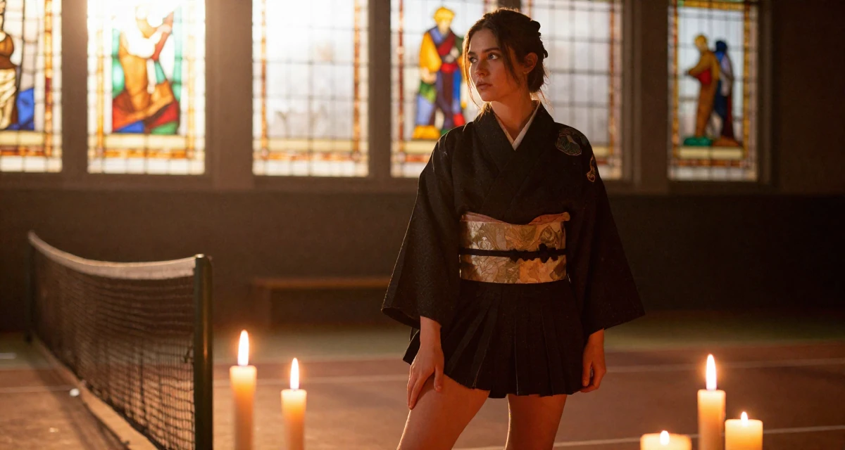 A fragile Female From Copenhagen Denmark, majored in architecture in their 25, thinking about quitting but too deep to walk away, wearing a shrine maiden outfit with a short hakama skirt, tapping a foot in a tennis court.