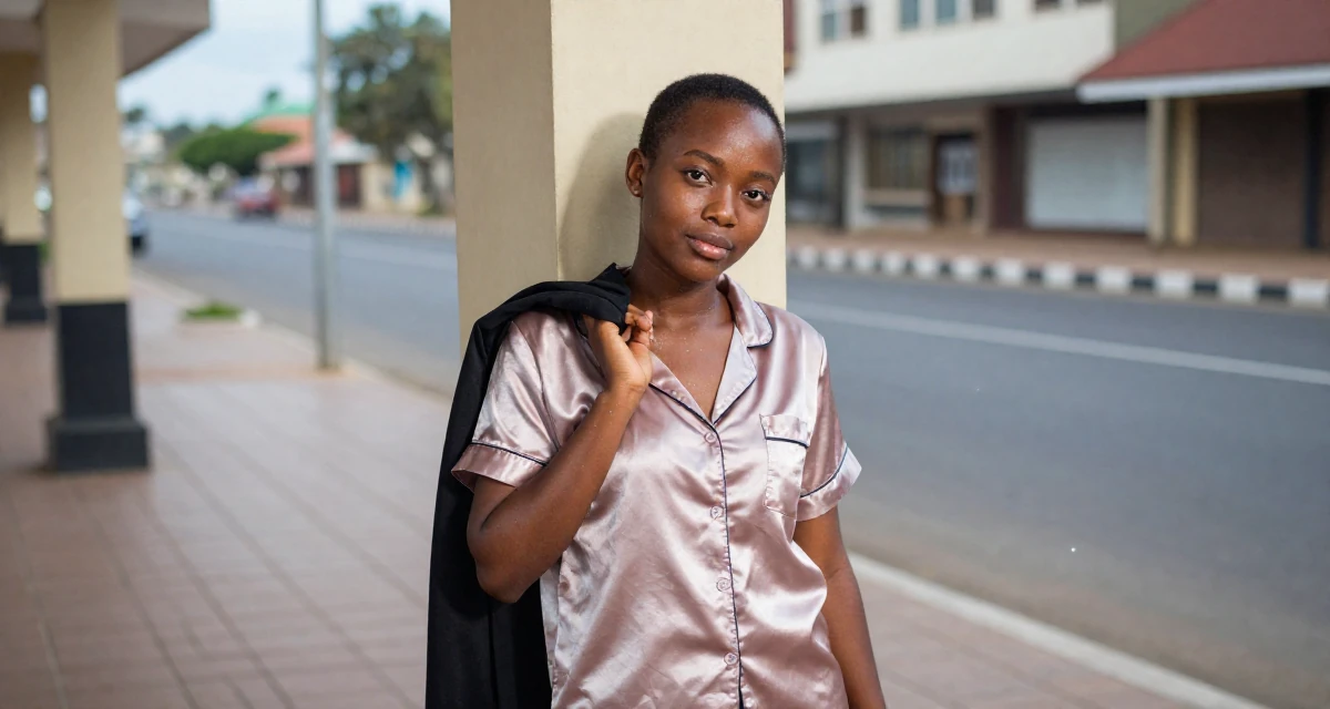 A innocent Female From Mombasa Kenya, studied hospitality in their 24, exploring opportunities for self-expression, wearing a satin pajamas set with the top unbuttoned, holding a jacket over a shoulder in a pedestrian plaza.