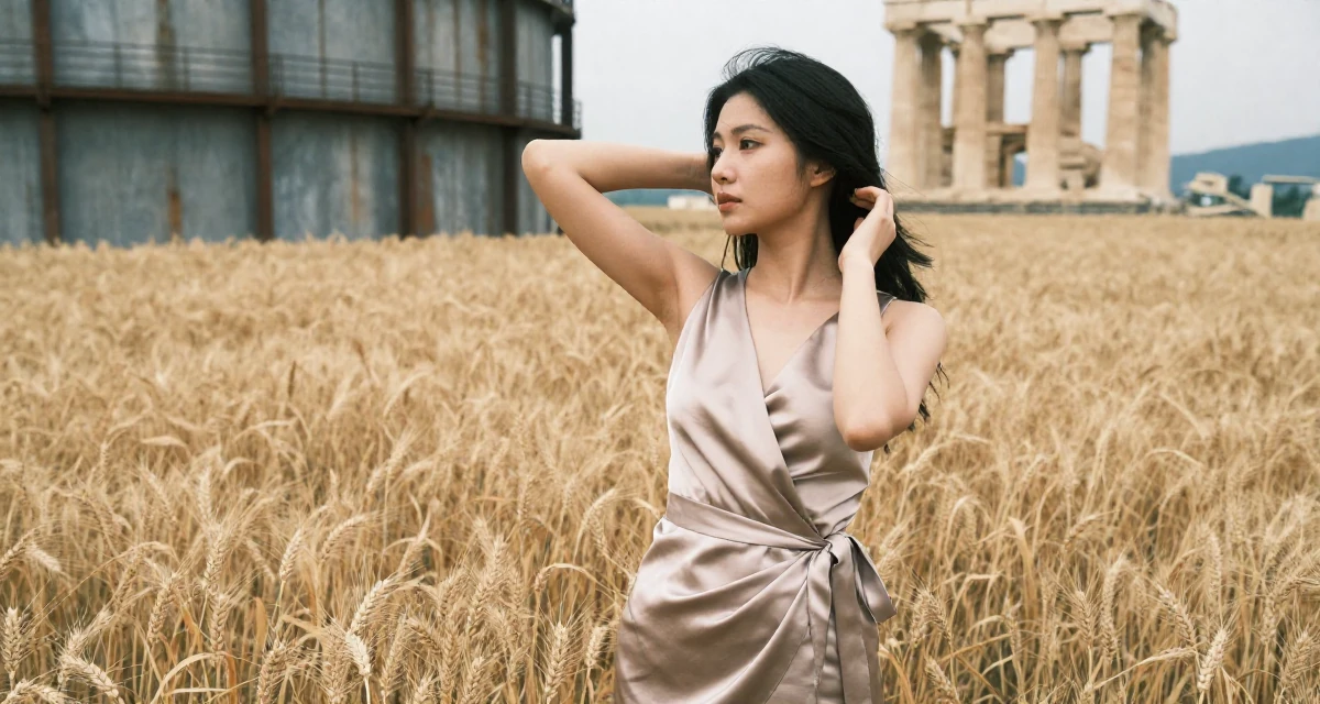 A nostalgic Female From Taiwan, based in Taichung, graduated from an arts academy majoring in visual storytelling in their 26, sacrificing social life for editing deadlines, wearing a satin wrap dress tied loosely at the waist, tucking hair behind an ear in a golden wheat field.