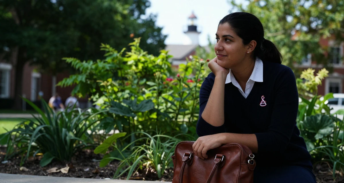 A gently amused Female From Canada, studied kinesiology in their 23, balancing vulnerability and professionalism, wearing a classic collegiate style, carrying a leather handbag in a university campus.