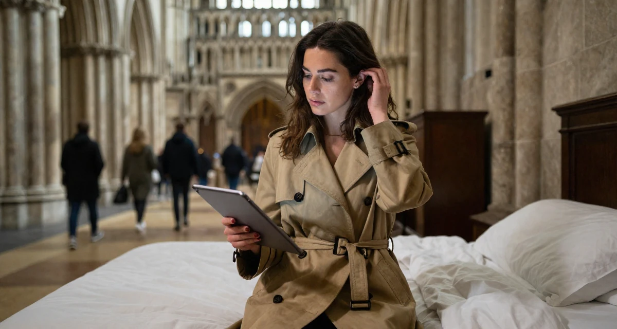 A absent-minded Female From England, majored in philosophy in their 26, balancing a demanding career with dating life, wearing a long trench coat belted tightly at the waist, holding a tablet device in a gothic cathedral interior.