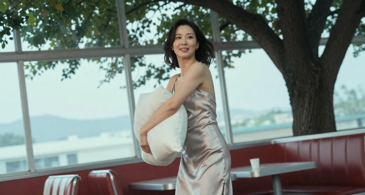 A satisfied Female From Seoul South Korea, studied international relations in their 48, confident public speaker and thought leader, wearing a silk slip dress in a soft neutral tone, hugging a pillow or cushion in a retro 50s diner.