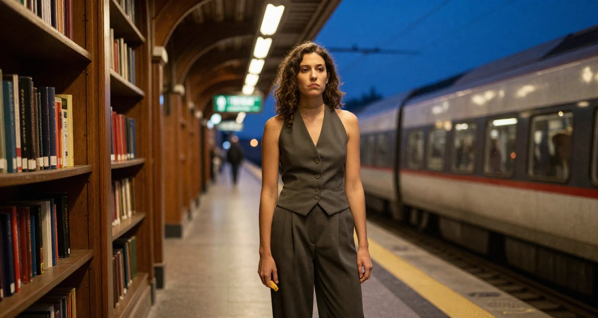 A bored Female From Spain, studied audiovisual communication in their 22, managing new financial responsibilities, wearing a fitted waist coat and wide leg trousers, holding a snack in a subway station.