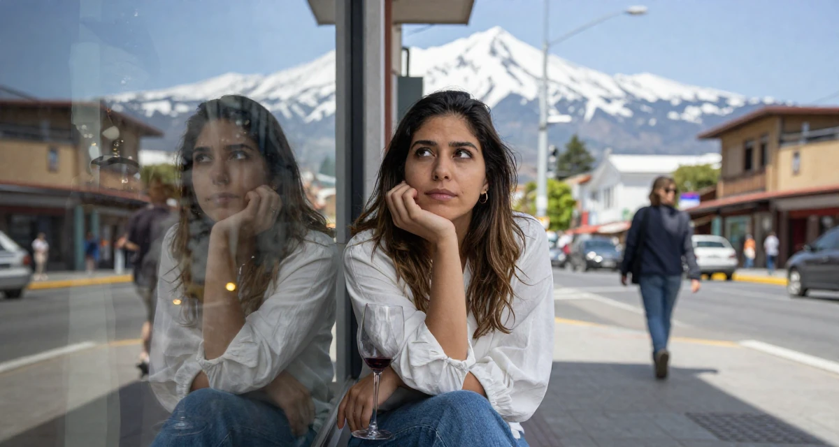 A hypnotic Female From Chile, based in Valparaíso, graduated from a local institute majoring in multimedia journalism in their 25, experimenting with niche themes to stand out, wearing a effortless white blouse and jeans, holding a wine glass by the stem in a snowy mountain peak.